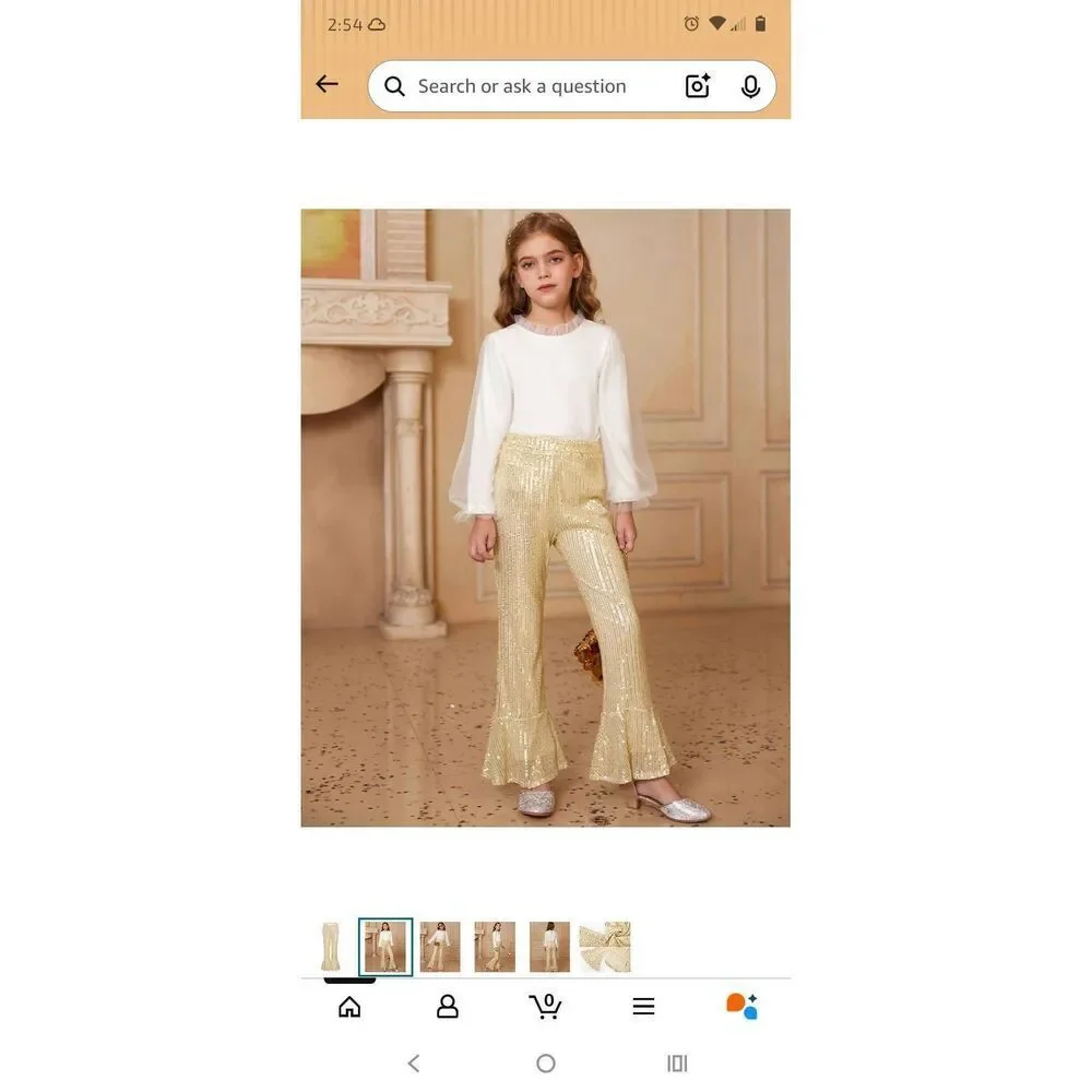 Girls Size 8 Grace Karin Gold Sequin Pants Bell Bottoms Dance Wedding Party